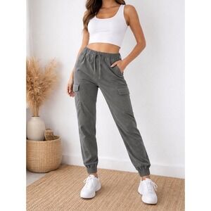 Almost Famous Womens Cargo Jogger Pants Olive Gray Drawstring Utility Size M